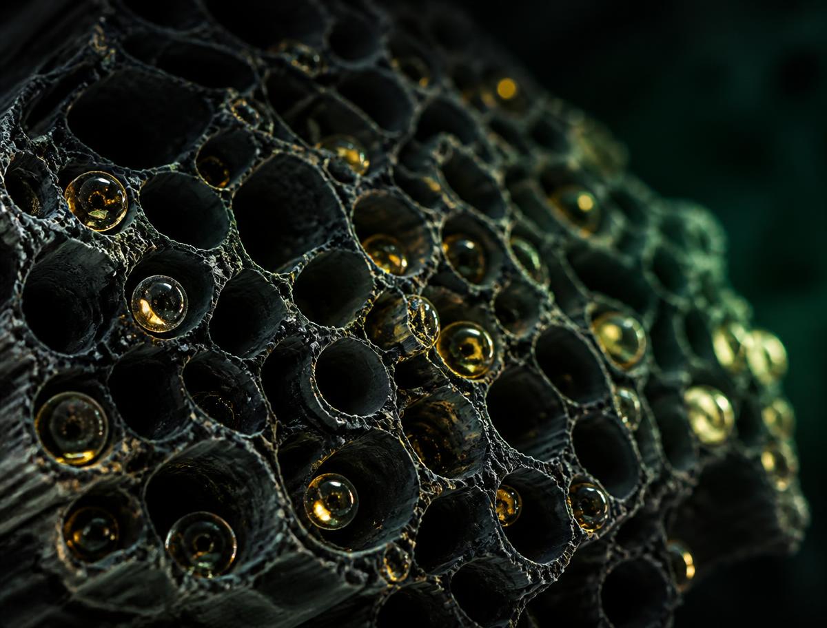 Magnified view of biochar's honeycomb pore structure
