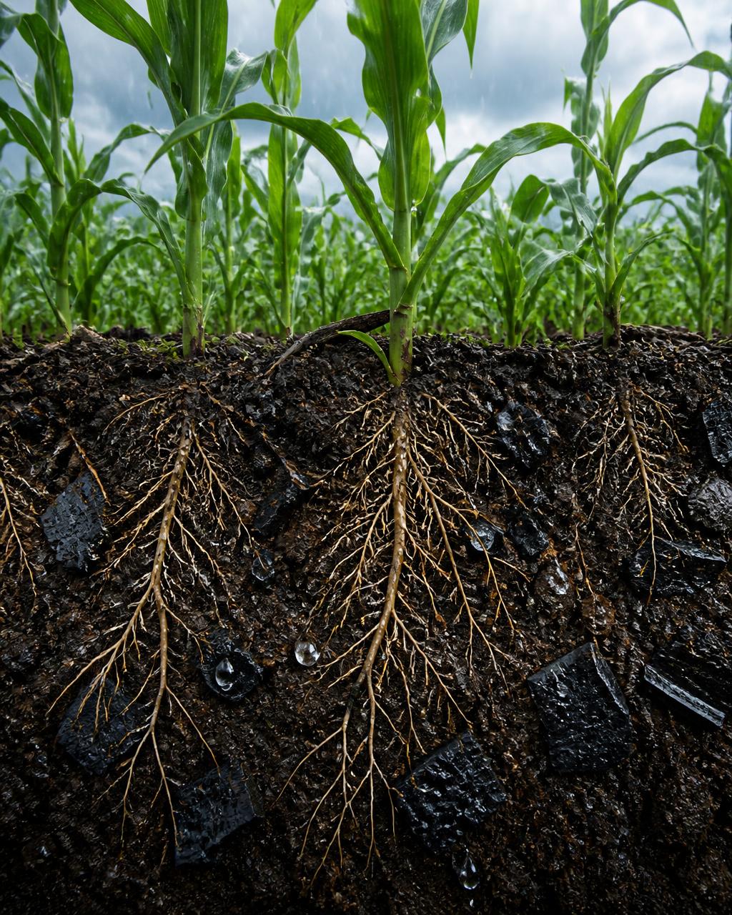 Cross-section of dark biochar-amended soil holding water droplets around deep, dense maize roots