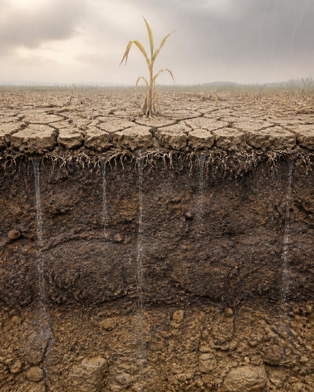 Cross-section of dry cracked farmland soil where rainwater drains straight past shallow maize roots